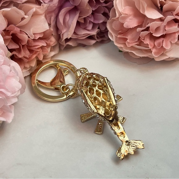 Whimsical Pink and White Crystal Helicopter Keychain Charm - Picture 11 of 16